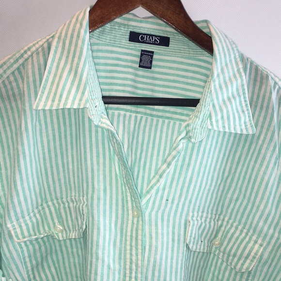 Chaps Green Striped Cotton Linen Blend Long Sleeve women’s Button Down Shirt 3X - Picture 1 of 9